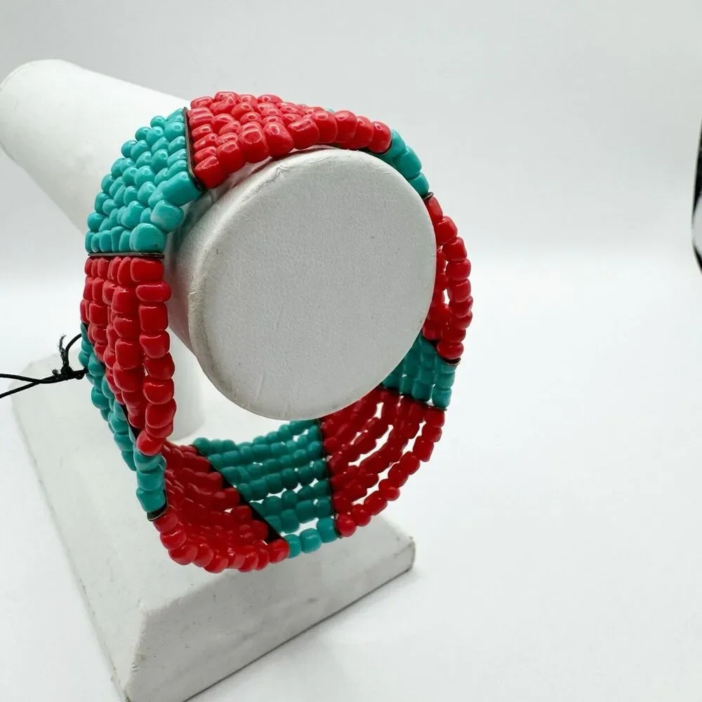 Coral Turquoise Glass Seed Bead Color Block Stretch Bracelet Boho Southwest